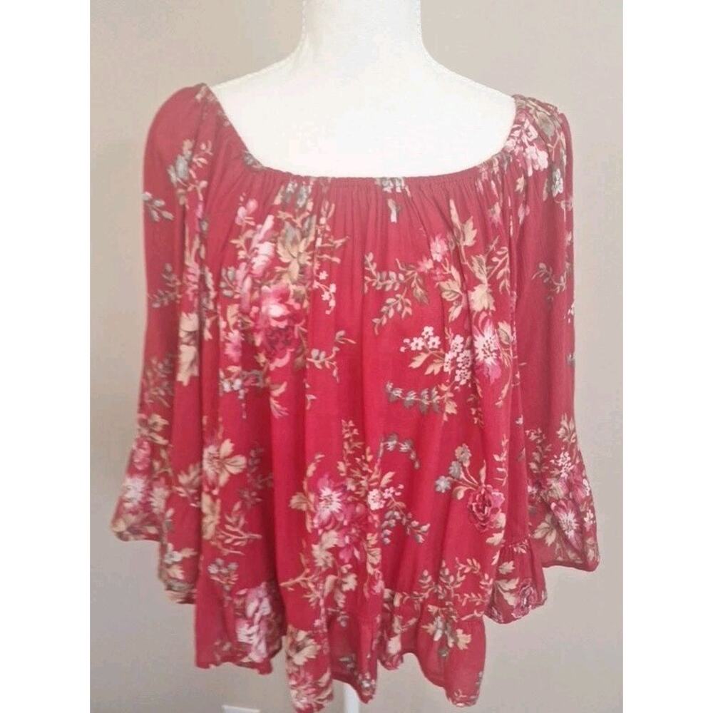 Denim and Supply Y2K Ralph Lauren Large Top Red Floral Short Sleeve Boho Peasant